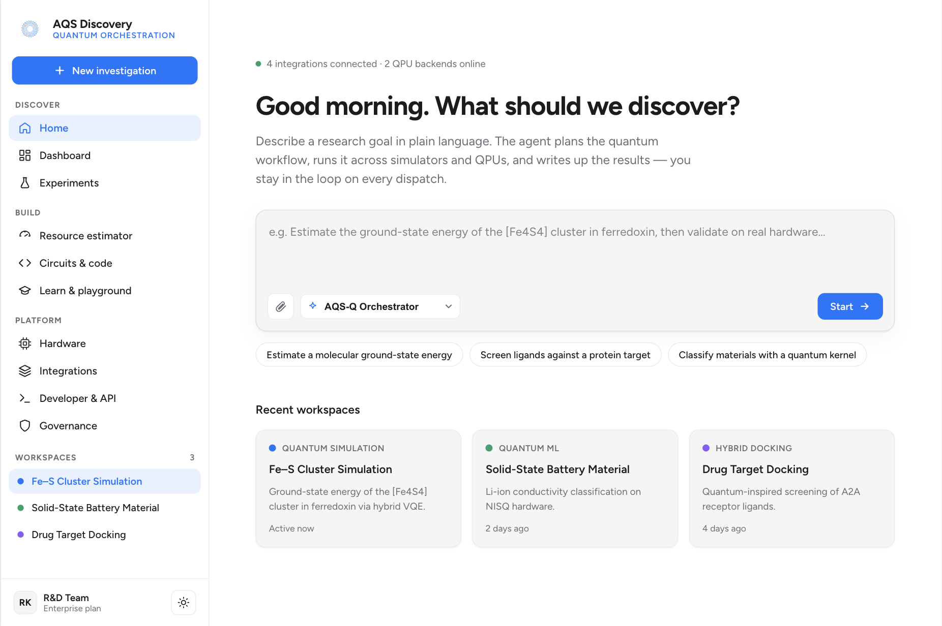 AQS Discovery home — describe a research goal in plain language